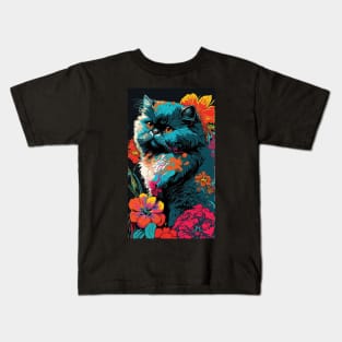 Persian Cat Vibrant Tropical Flower Tall Retro Vintage Digital Pop Art Portrait 4 Kids T-Shirt